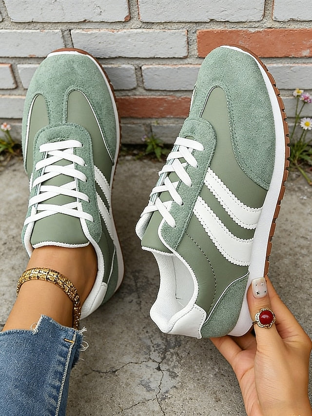 Women's Green Retro Stripe Sneakers – Breathable Low-Top