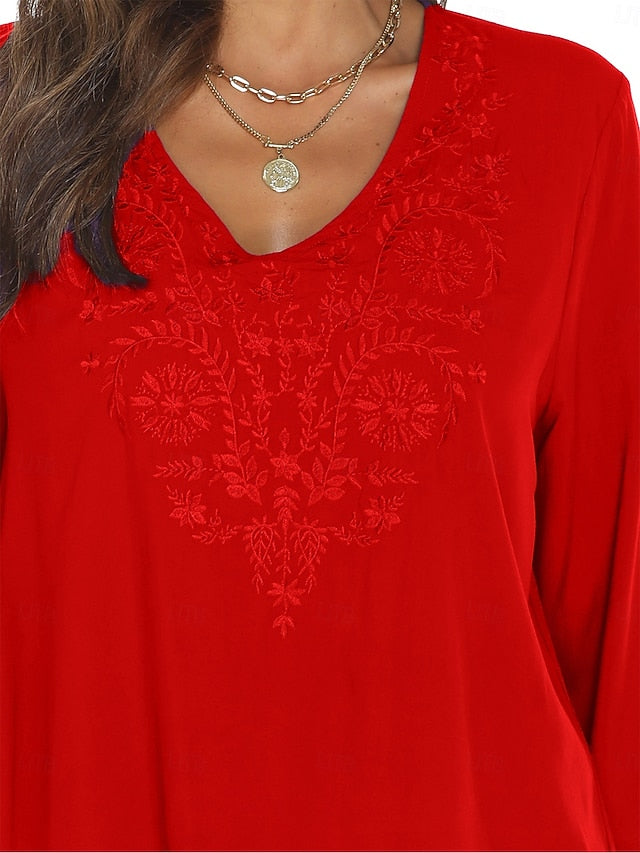 Women's Boho Shirt Embroidered Floral Bohemia Casual 3/4