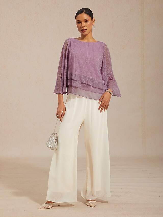 Women's Blouse Chiffon Tops Pleated Layered Metallic