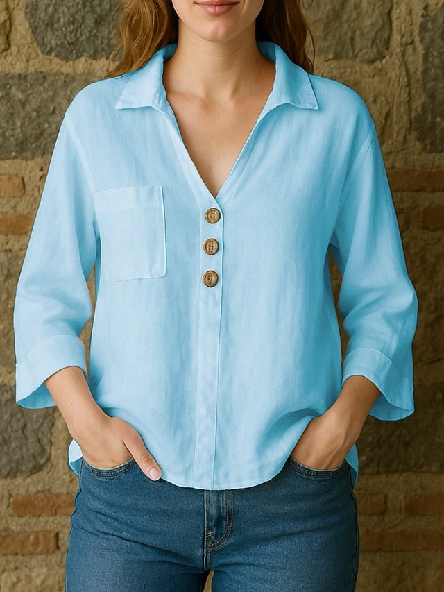 Women's Cotton Linen Shirts Pocket Buttons Plain Basic
