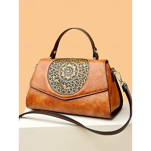 Floral – Faux Vintage Engraved Handbag Leather Women's