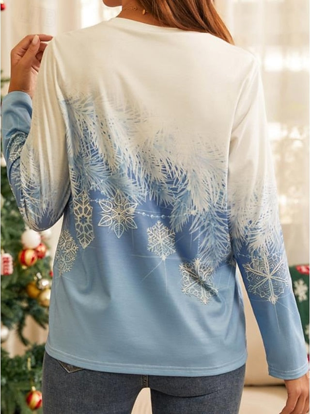 Women's T-Shirt Winter Snowflake Print Blue Gradient Casual