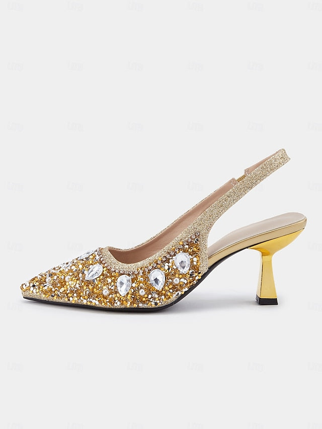 with Slingback Pearl Heels Rhinestone Women's Gold