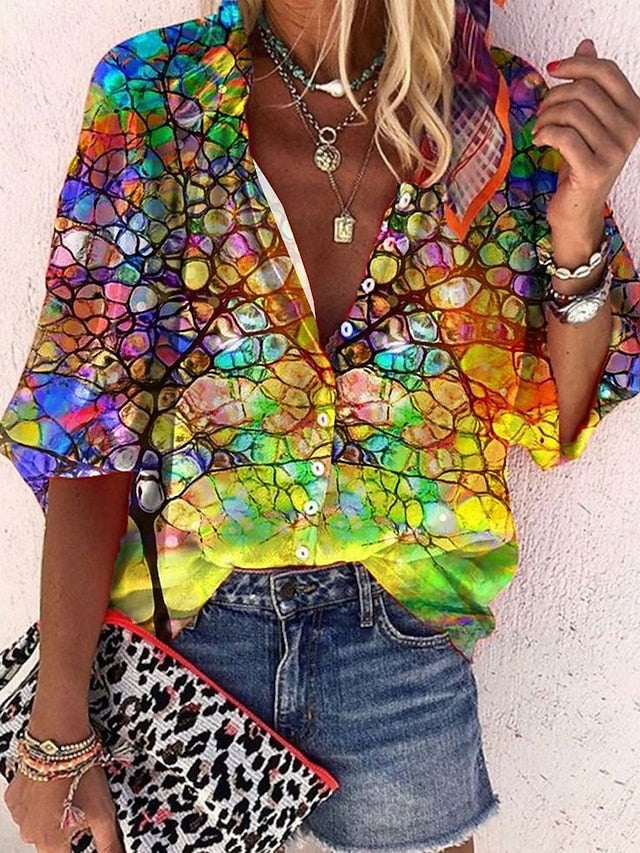 Women's Blouse Buttons Print Graphic Paisley Color Block