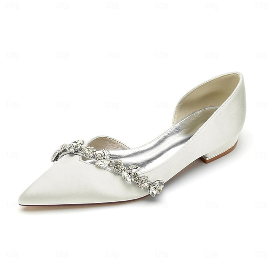 White Satin Flat Shoes Crystal Pointed Wedding with and Toe
