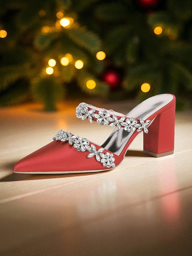 Block Heel Floral with Women's Black Mules Satin Rhinestone