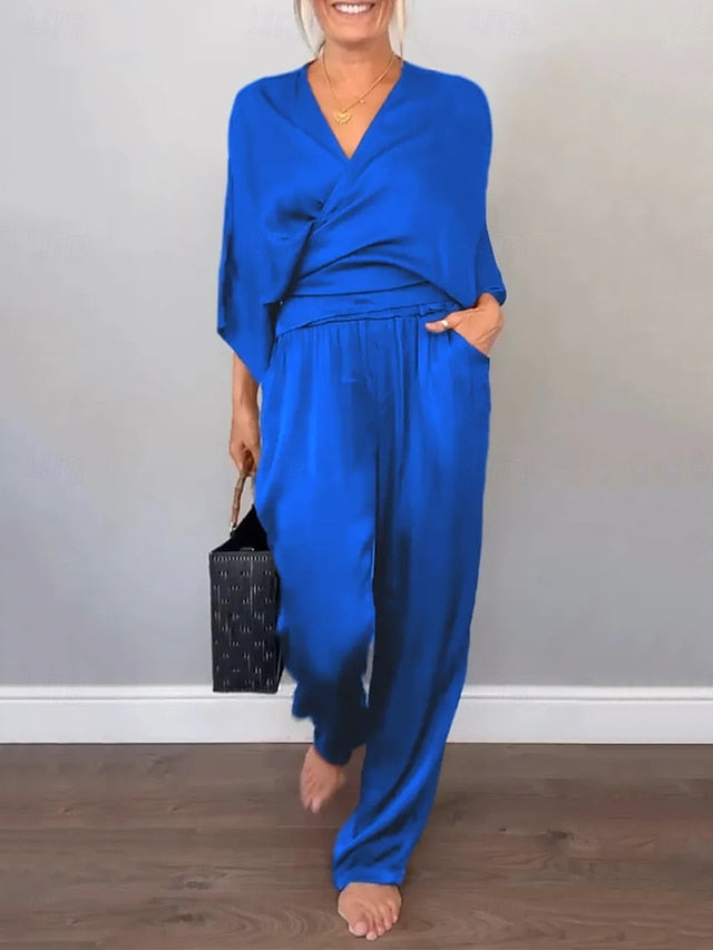 Women's Pants Sets Bolero Top Short Sleeve V Neck Plain