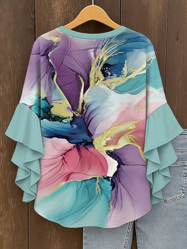 Women's Blouse V Neck Layered Ruffle Sleeve Tops Ombre