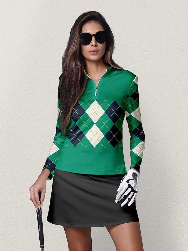 Women's Golf Polo Shirt Green Long Sleeve Top Ladies Golf