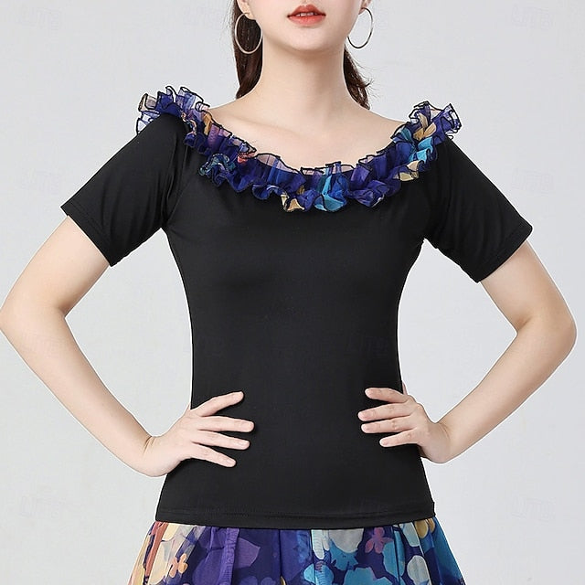 Latin Dance Top Printing Pure Color Splicing Women's