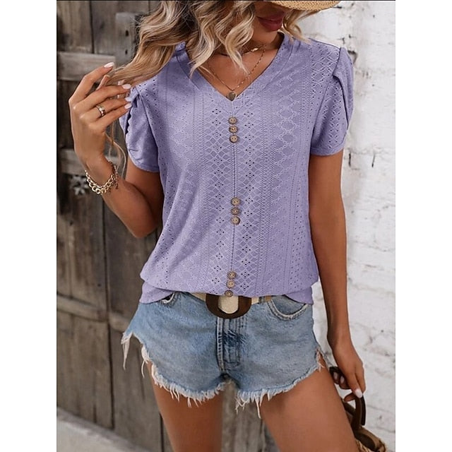 Women's T Shirt Eyelet Plain Fashion Stylish Classic Short