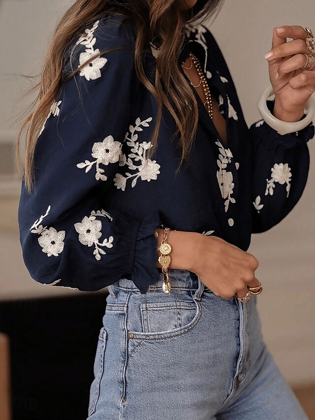 Women's Blouse Embroidered Buttons Floral Stylish Casual