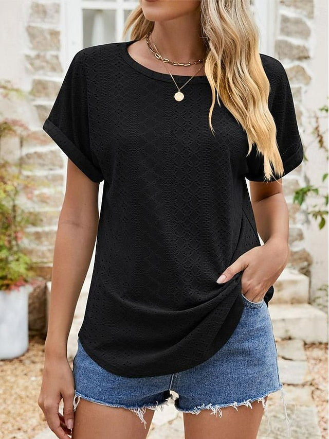 Women's Texture Blouse Eyelet Top Pointelle Tee Tunic