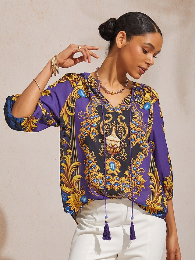 Midnight Blue Baroque Chiffon 3/4 Sleeves Top