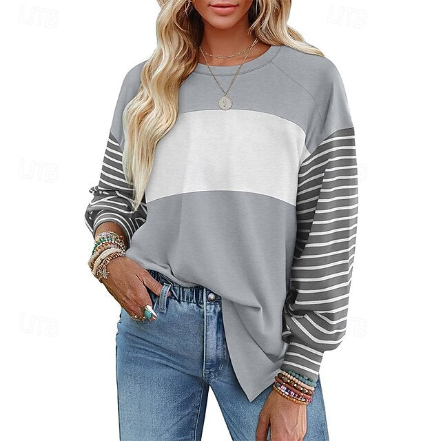 Women's T Shirt Tee Top Patchwork Striped Fashion Classic
