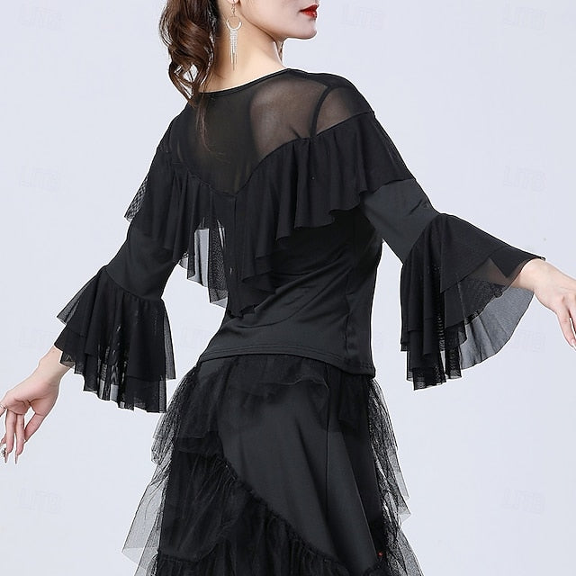 Latin Dance Top Ruffles Pure Color Splicing Women's