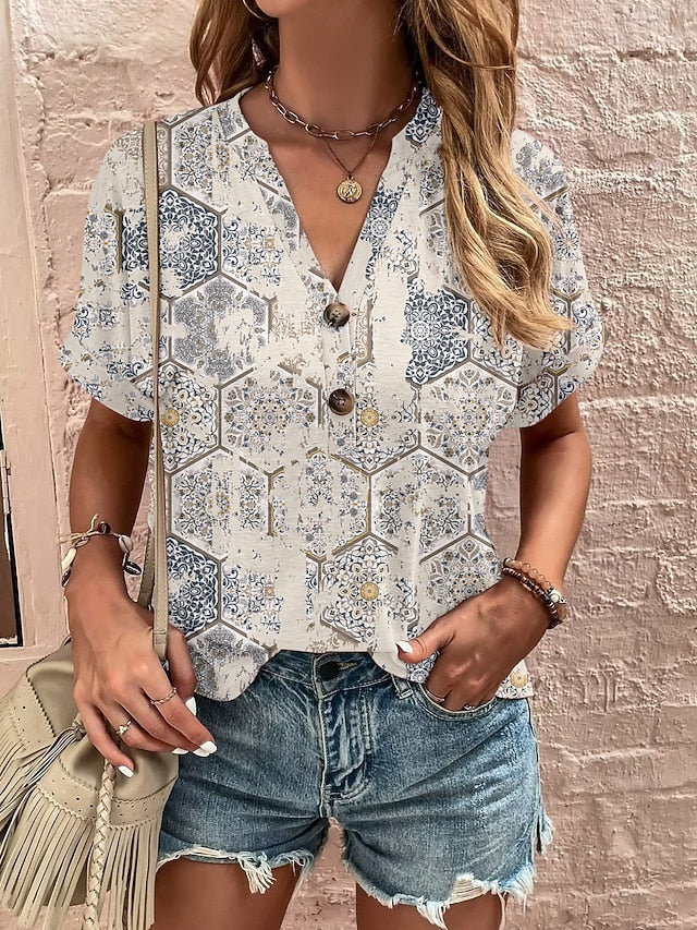 Women's T Shirt Tee Top Buttons Print Graphic Geometric