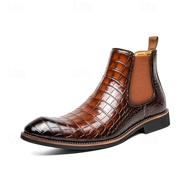Brown Boots Men's Crocodile Chelsea Pattern Slip-On –