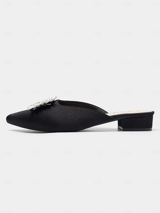 Black with Satin Rhinestone Mules Pointed-Toe Women's