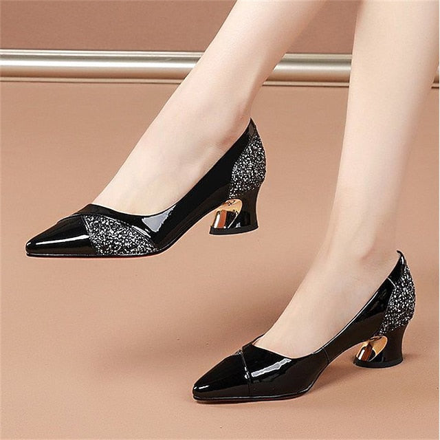 Faux Leather Heels Block Women's Patent Glitter-Accented