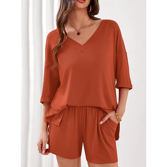 Women's Shorts Sets 3/4 Length Sleeve V Neck Solid Color