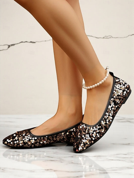 Sparkly Flats Sequin Women's Black Toe Pointed - Ballet