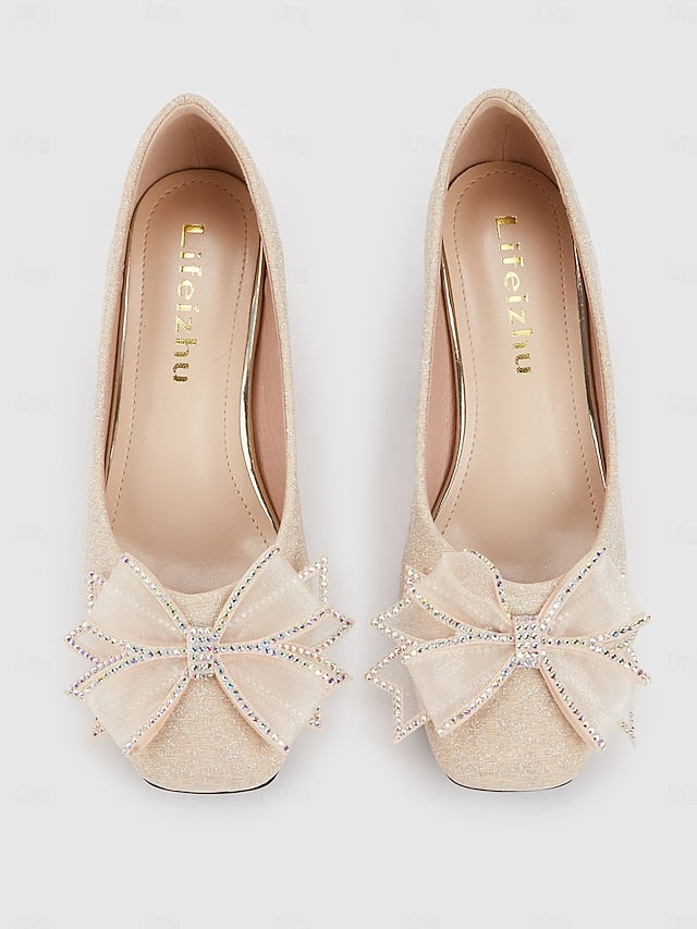 Gold Pumps Glitter - Heel Decoration Bow Women's Block with