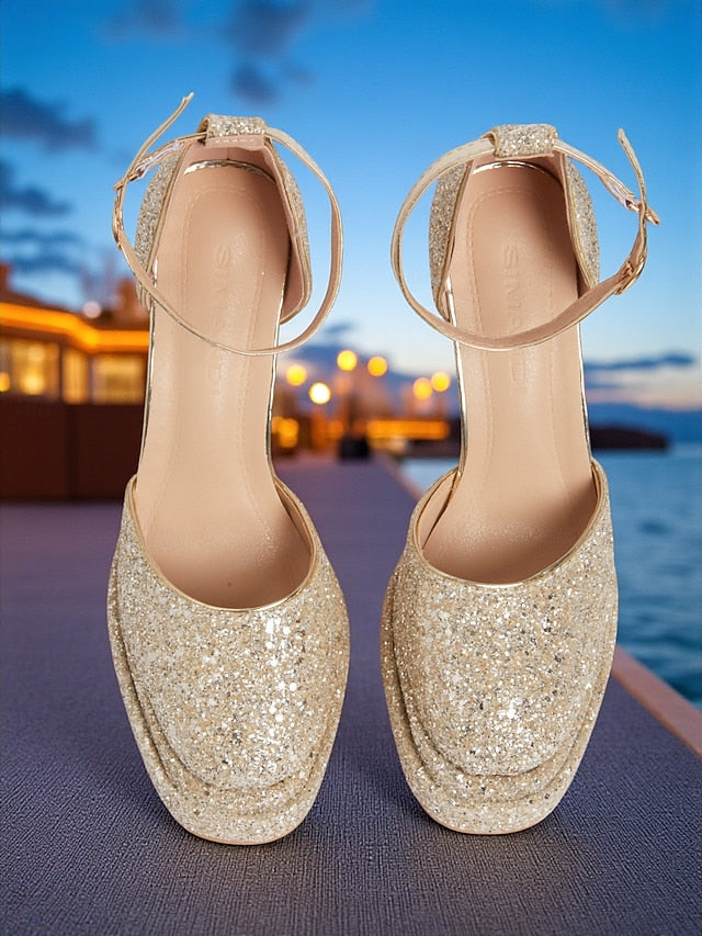 Glitter Gold Heels Women's Platform High