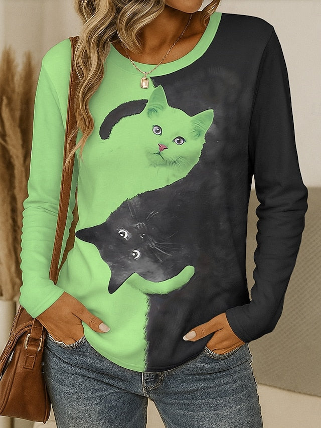 Women's T shirt Crew Neck Long Sleeve Tunic Graphic Animal