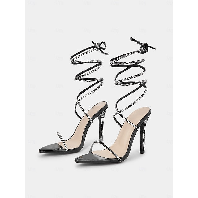 Sexy Sandals Women's Stiletto Lace-Up – Rhinestone Black
