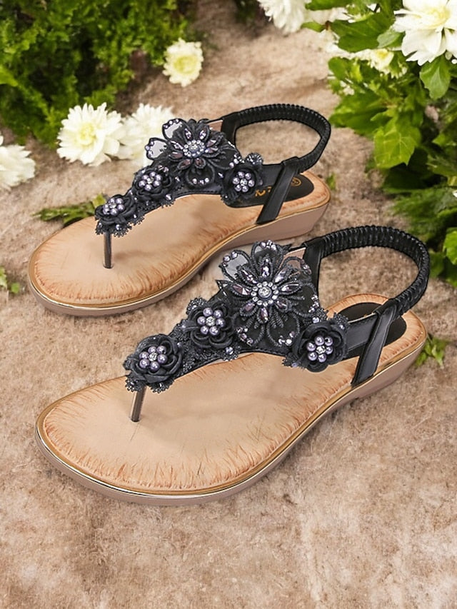 Women's – Lace Floral Pink Sandals T-Strap Embellished