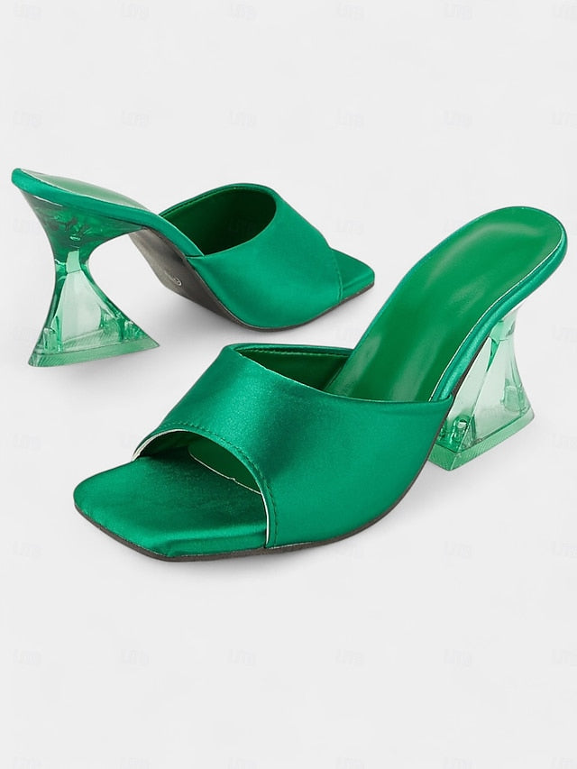 Satin for Block Open-Toe Green Mules Heels Transparent with