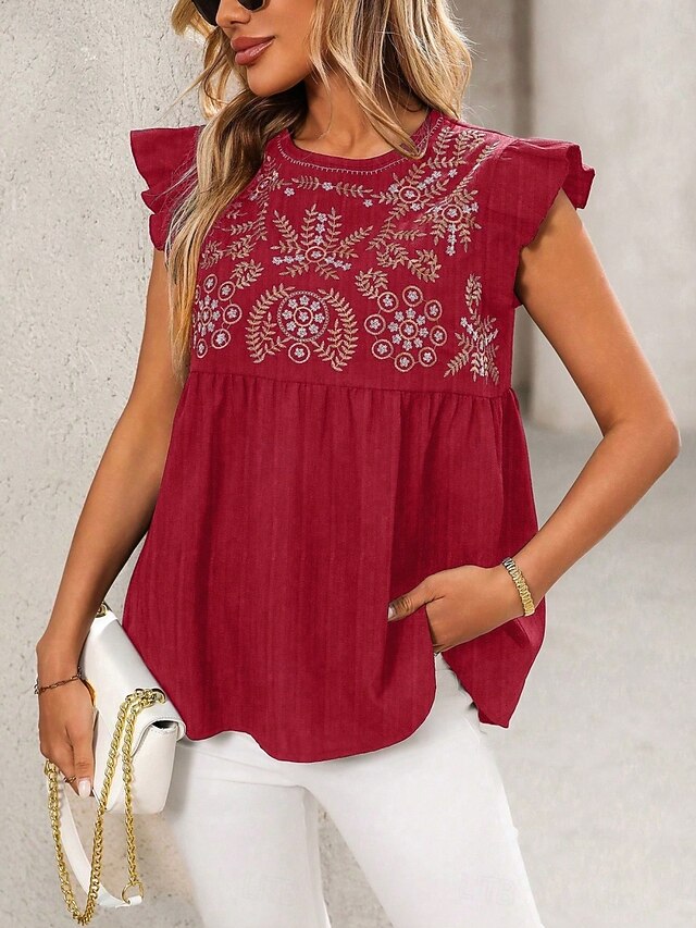 Women's T Shirt Tee Top Embroidered Floral Bohemia Vintage