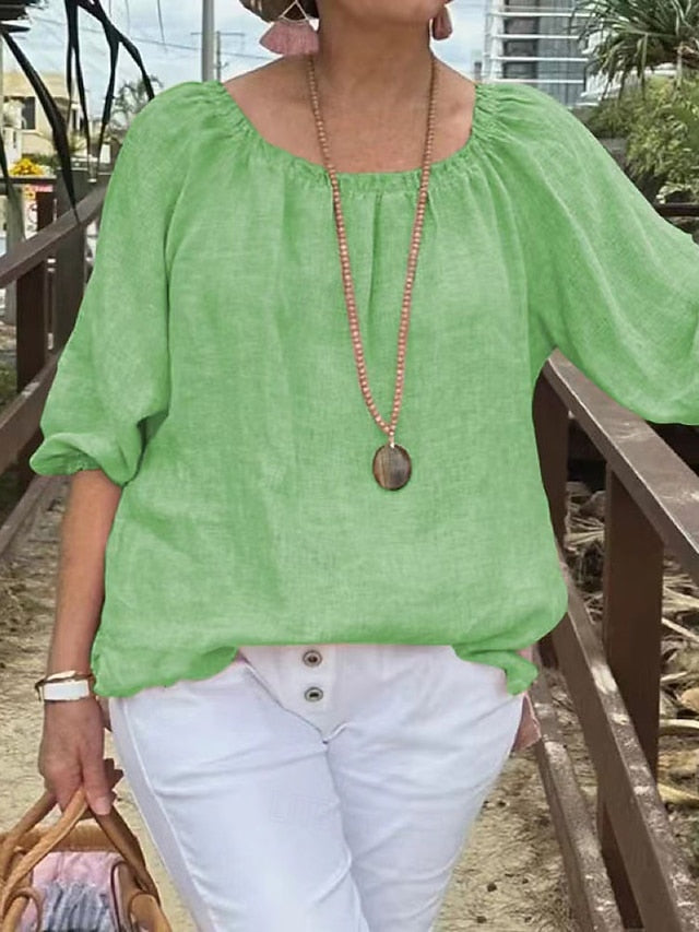 Women's Cotton Linen Shirts Blouse Patchwork Plain Elegant