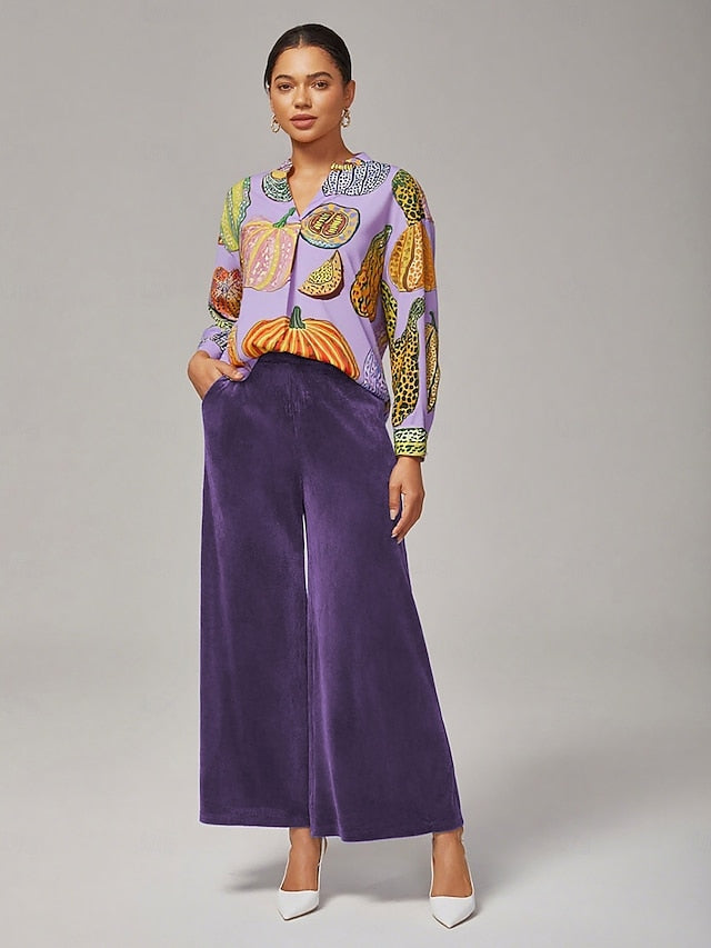 Women's Purple Pumpkin Print Pullover Shirt Loose Fit Drop
