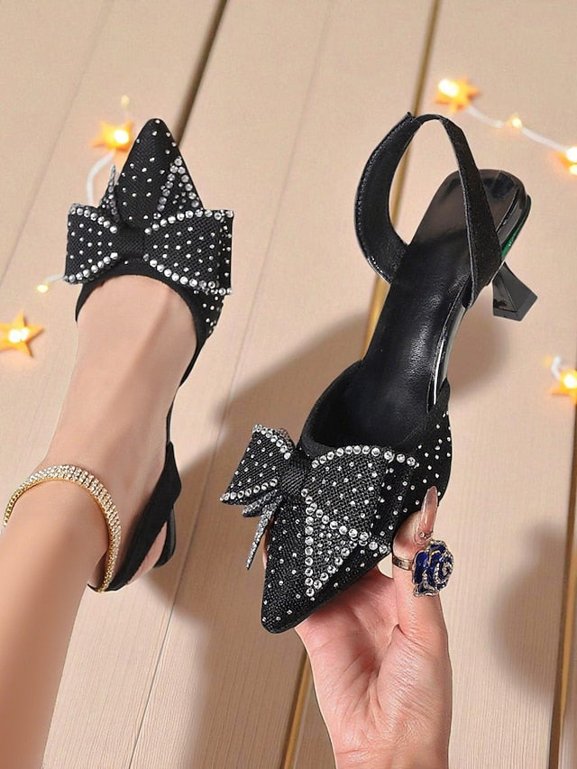 Slingback Women's Heels Pointed Sparkly Rhinestone Bow -