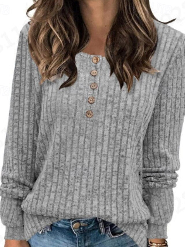 Women's Blouse Buttons Knit Solid Color Stylish Casual Long