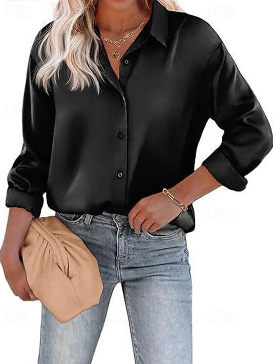 Women's Shirt Elegant Satin Top Blouse Buttons Plain