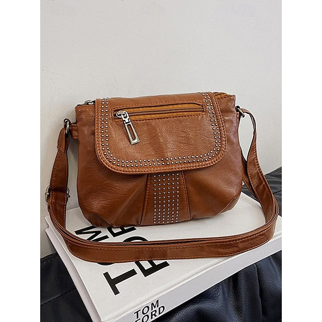 with Faux Bag Women's Leather Brown Crossbody Studded
