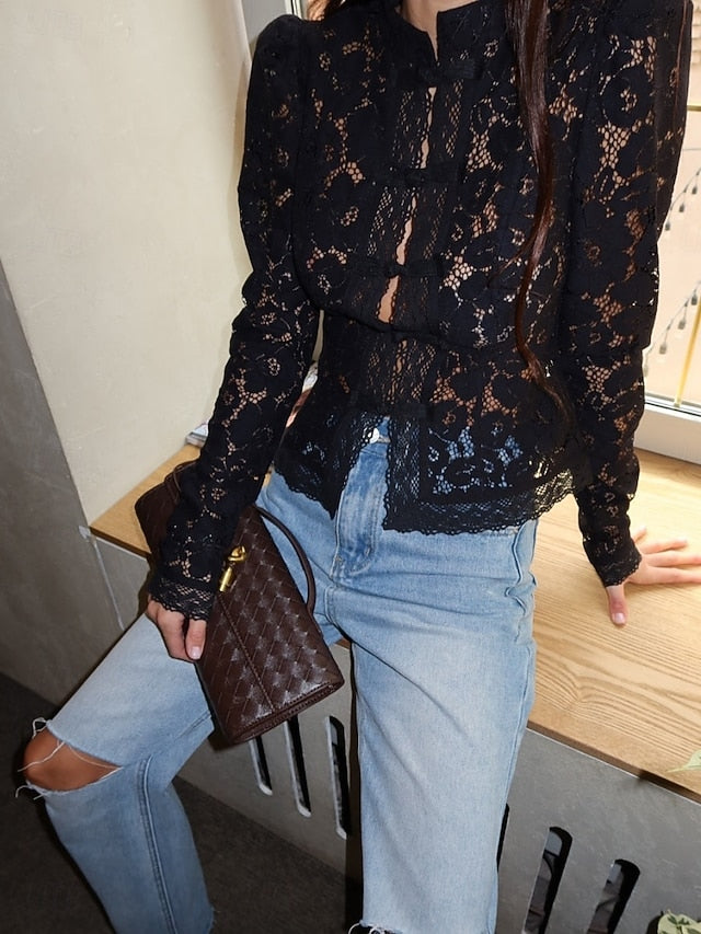 Women's Blouse Lace Patchwork Solid Color Stylish Basic