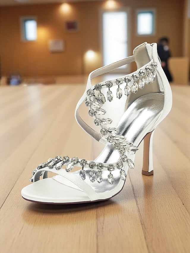 with Strappy Heel High Sandals Rhinestone Women's White
