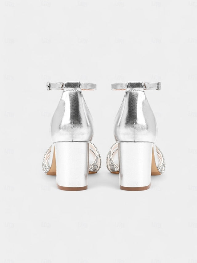 Heel Silver Block Metallic Sandals Strappy with Rhinestone