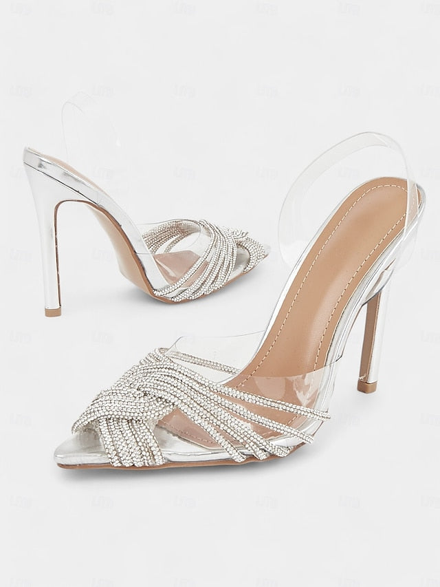 Sandals Stiletto Rhinestone – Silver Straps with Transparent