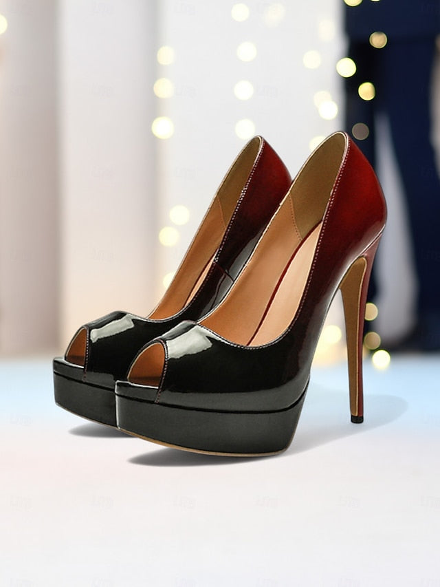 Leather Black Platform Toe Peep High Women's Heels Patent