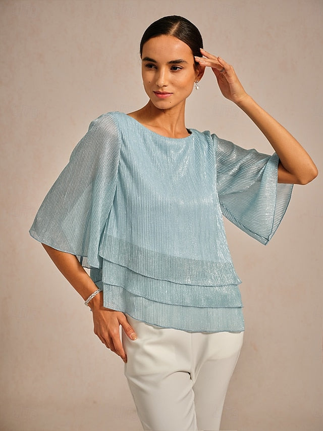 Women's Blouse Chiffon Tops Pleated Layered Metallic