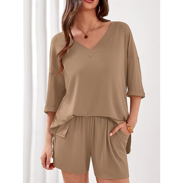Women's Shorts Sets 3/4 Length Sleeve V Neck Solid Color