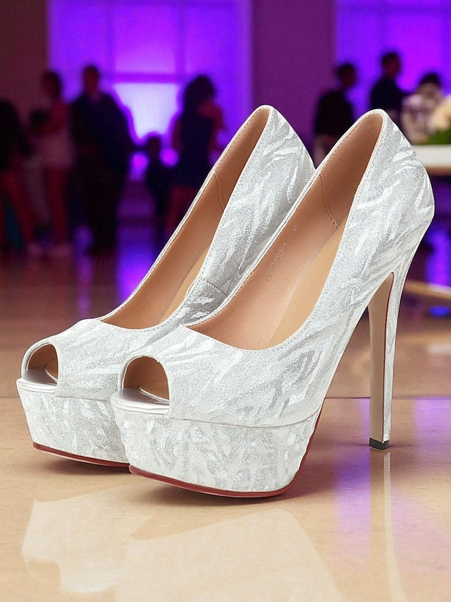 Pattern Heels Peep-Toe Silver Subtle Platform with Women's