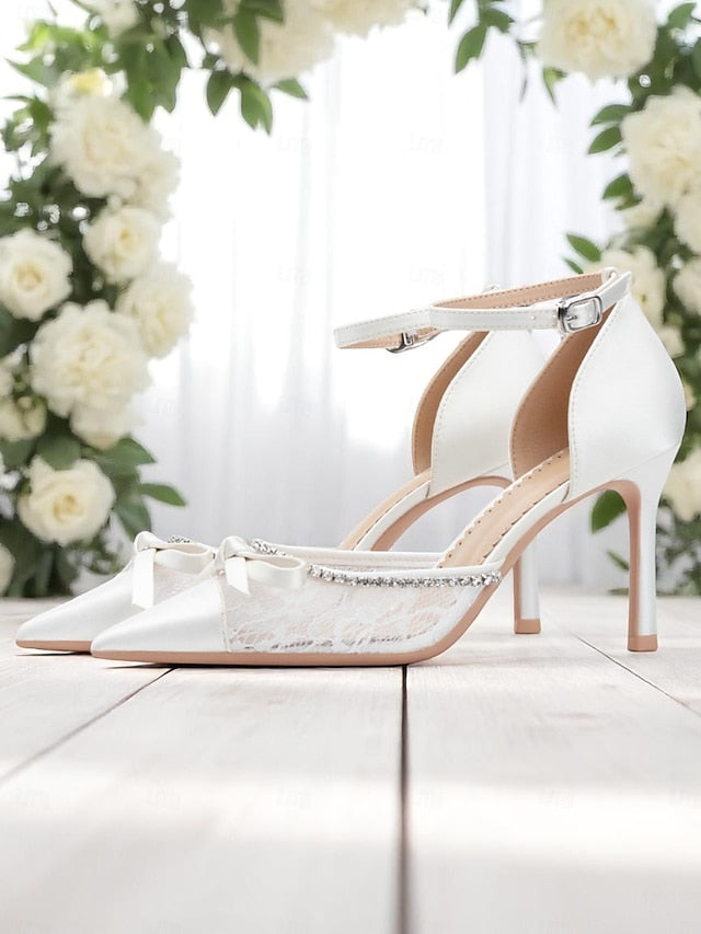 Satin Women's High White Heels Lace