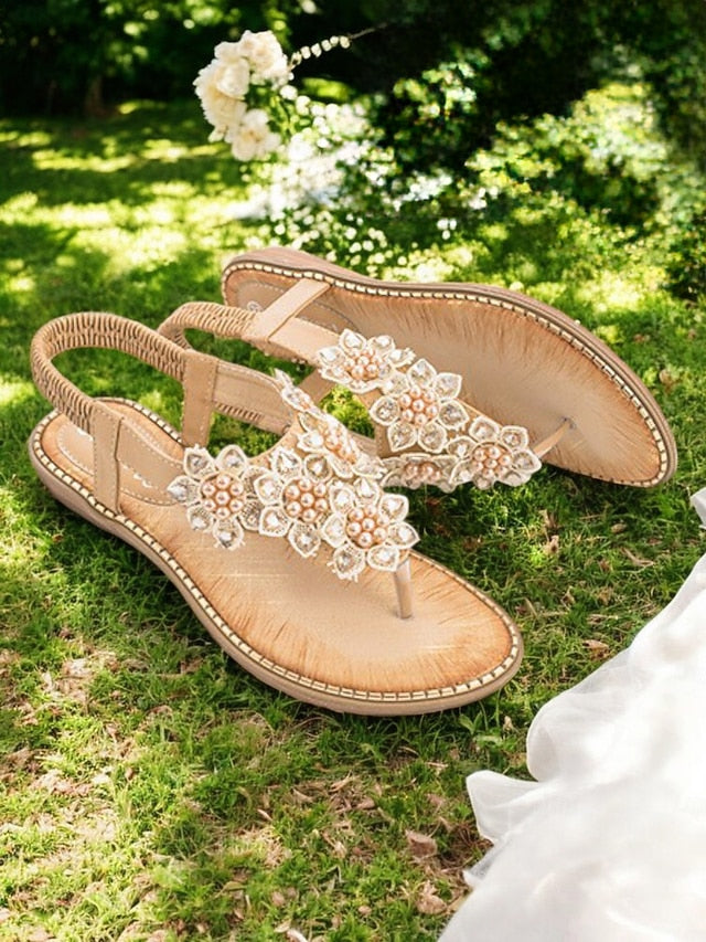 Beaded Comfortable Slip-Ons Floral Design with Flat