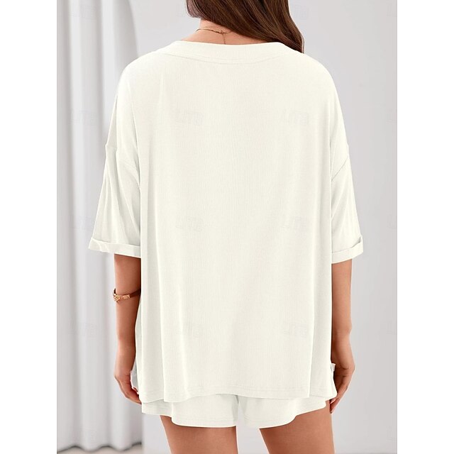 Women's Shorts Sets 3/4 Length Sleeve V Neck Solid Color